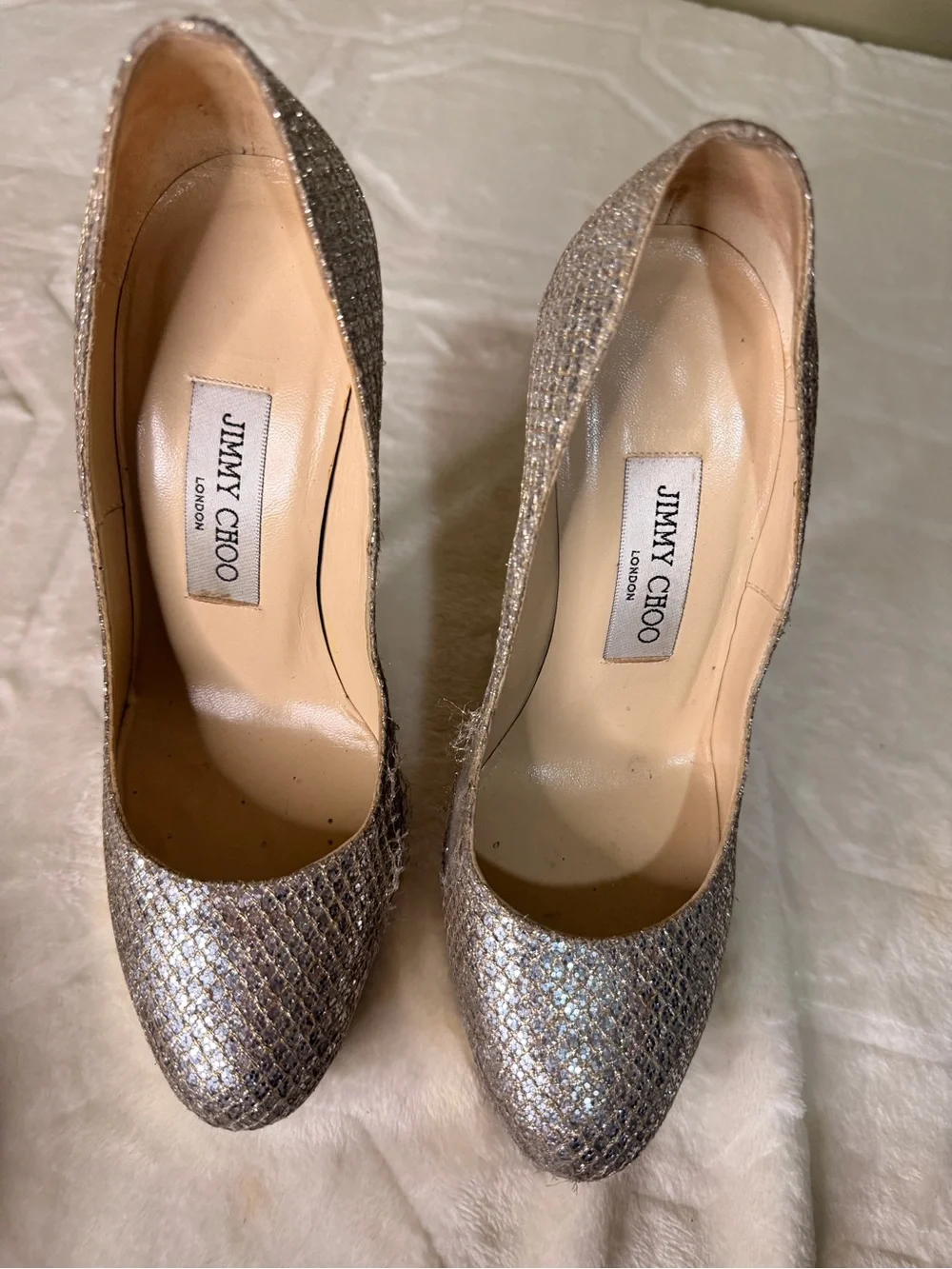 Jimmy Choo Silver Glitter High Heel Pumps